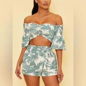 Luxxel Teal Palm Print Off-Shoulder Twist Crop Top Set